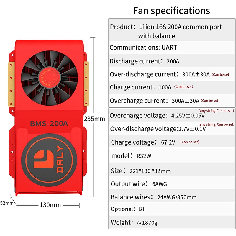 Daly smart bms Lifepo4 16S 48V 200A Li-ion 16S 60V 250A bluetooth BMS FAN board 52 130 235