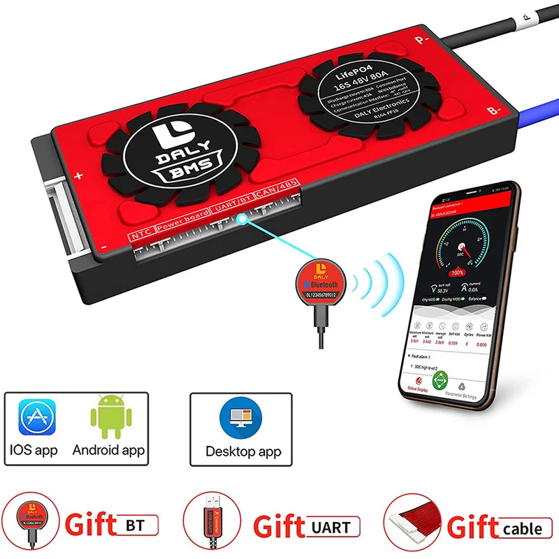 Daly smart bms LifePO4 16S 60V 80A Li-ion 16S 48V 80A bluetooth BMS board 19 66 150