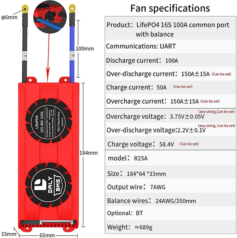Daly smart bms LifePO4 16S 60V 100A Li-ion 16S 48V 100A bluetooth BMS FAN board 33 65 184