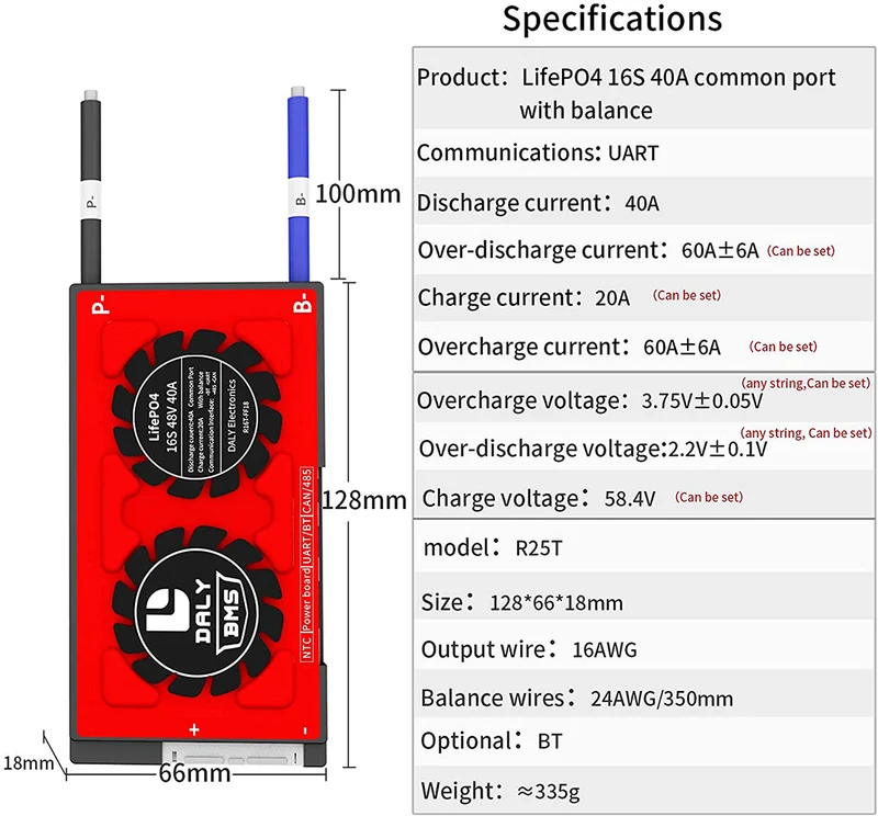 Daly smart bms LifePO4 16S 48V 40A bluetooth BMS board 18 66 128