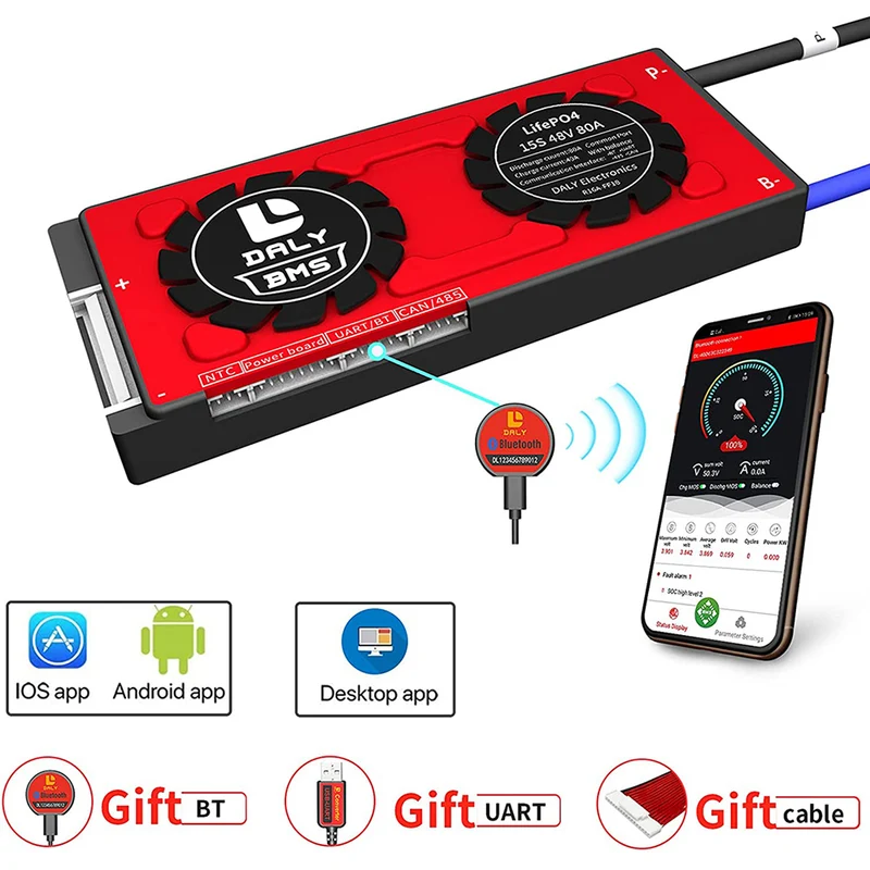 Daly smart bms LifePO4 15S 48V 80A bluetooth BMS board 19 66 150