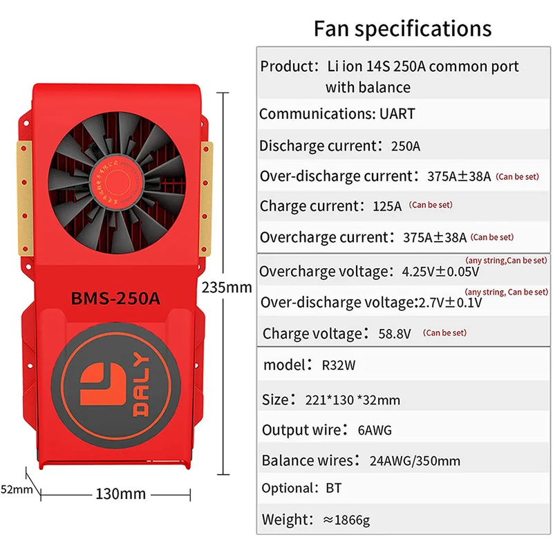 Daly smart bms Li-ion 14S 48V 250A bluetooth BMS FAN board 52 130 235