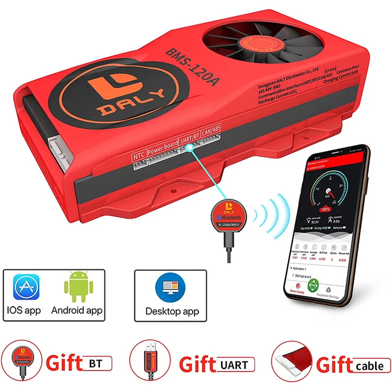 Daly smart bms Li-ion 14S 48V 120A bluetooth BMS FAN board 50 120 209