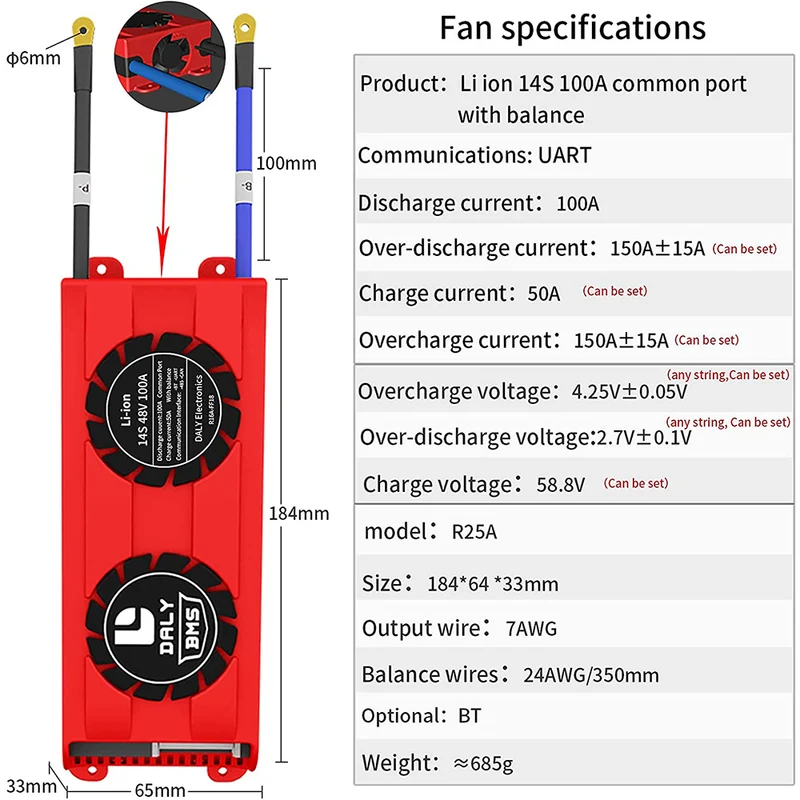 Daly smart bms Li-ion 14S 48V 100A bluetooth BMS FAN board 33 65 184