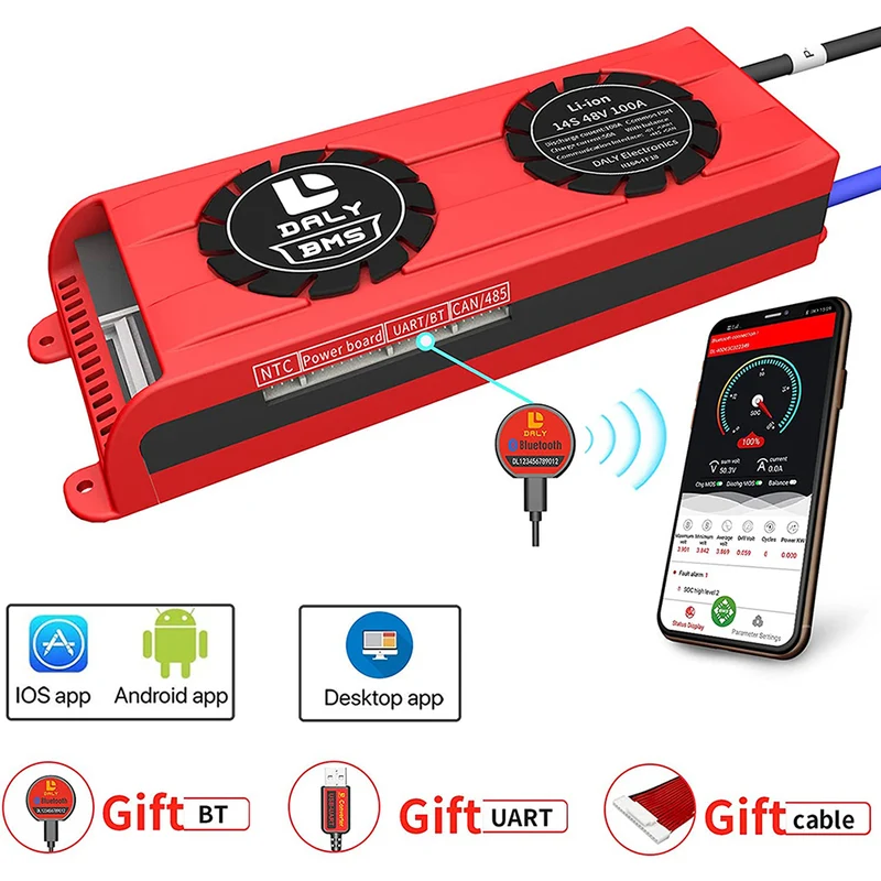Daly smart bms Li-ion 14S 48V 100A bluetooth BMS FAN board 33 65 184