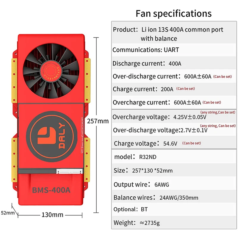 Daly smart bms Li-ion 13S 48V 400A bluetooth BMS board 52 130 257