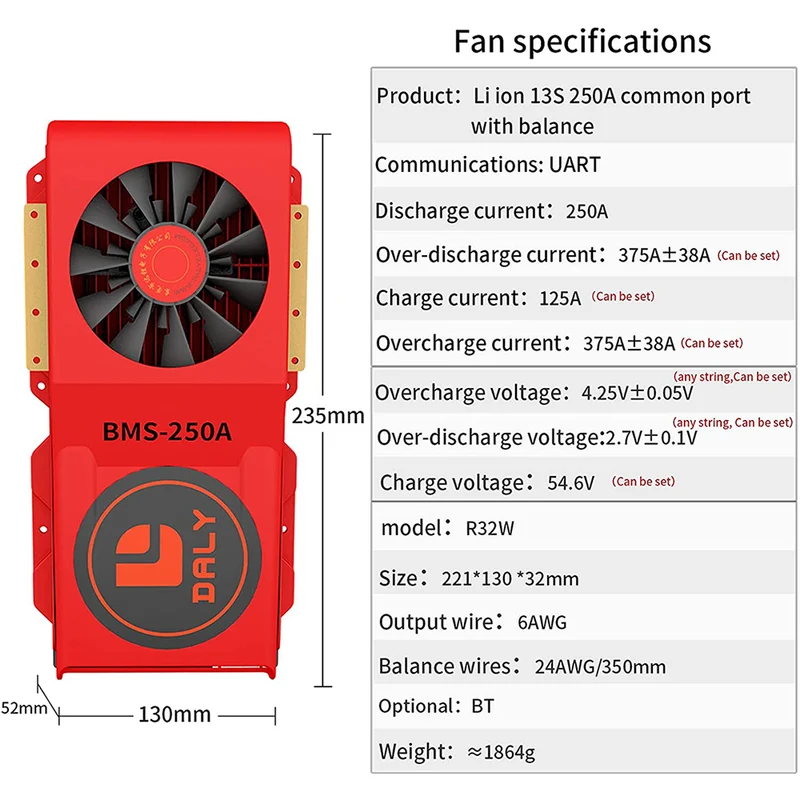 Daly smart bms Li-ion 13S 48V 250A bluetooth BMS FAN board 52 130 235