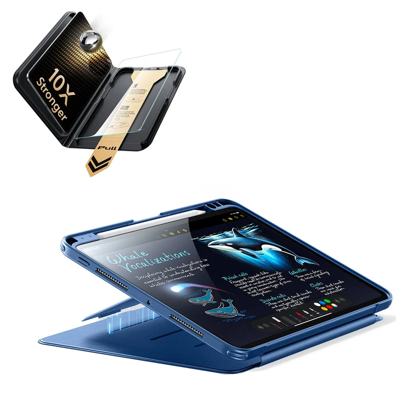 iPad Pro 13" (M5) 2025 Bundle Flip Magnetic Case (Pencil Holder) & Armorite Pro Screen Protector With UltraFit Tray - Navy Blue