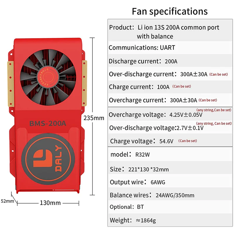 Daly smart bms Li-ion 13S 48V 200A bluetooth BMS FAN board 52 130 235