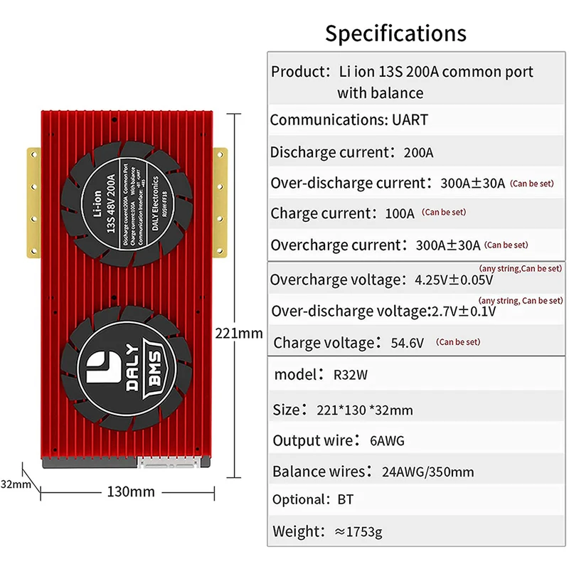 Daly smart bms Li-ion 13S 48V 200A bluetooth BMS board 32130221