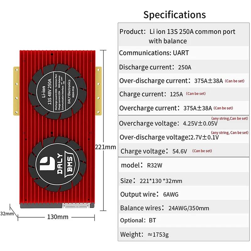 Daly smart bms Li-ion 13S 48V 250A bluetooth BMS board 32130221