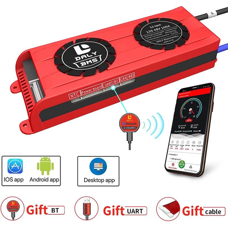 Daly smart bms Li-ion 13S 48V 100A bluetooth BMS FAN board 33 65 184