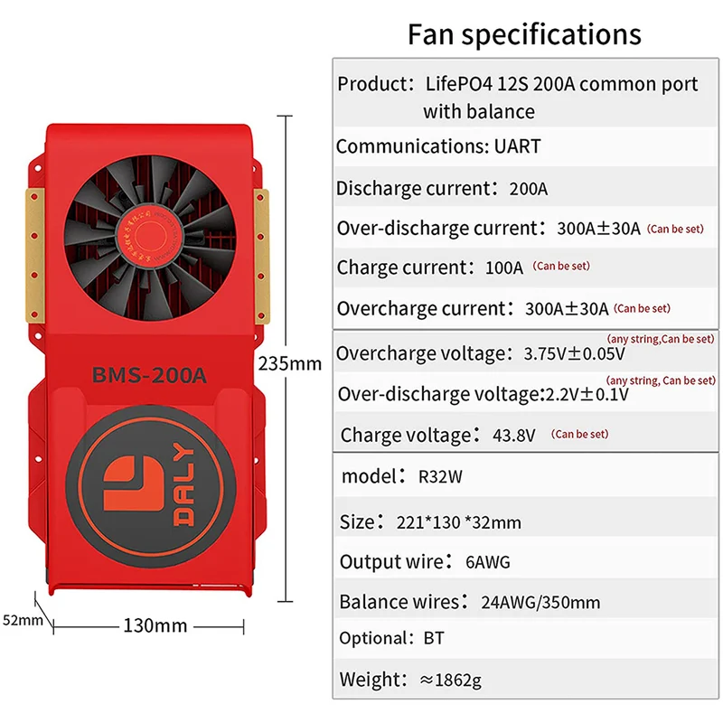 Daly smart bms Lifepo4 12S 36V 200A bluetooth BMS FAN board 52 130 235
