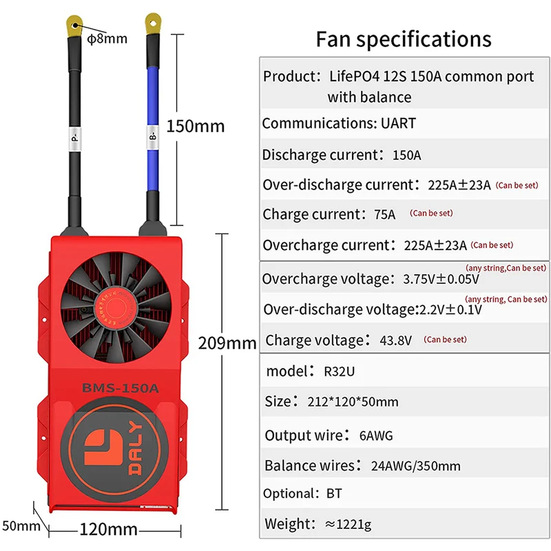 Daly smart bms Lifepo4 12S 36V 150A bluetooth BMS FAN board 50 120 209