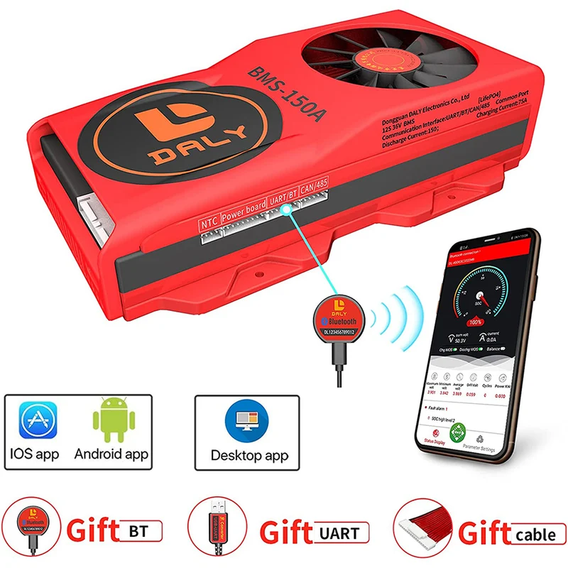 Daly smart bms Lifepo4 12S 36V 150A bluetooth BMS FAN board 50 120 209