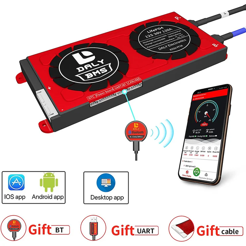 Daly smart bms Lifepo4 12S 36V 120A bluetooth BMS board 20 95 212