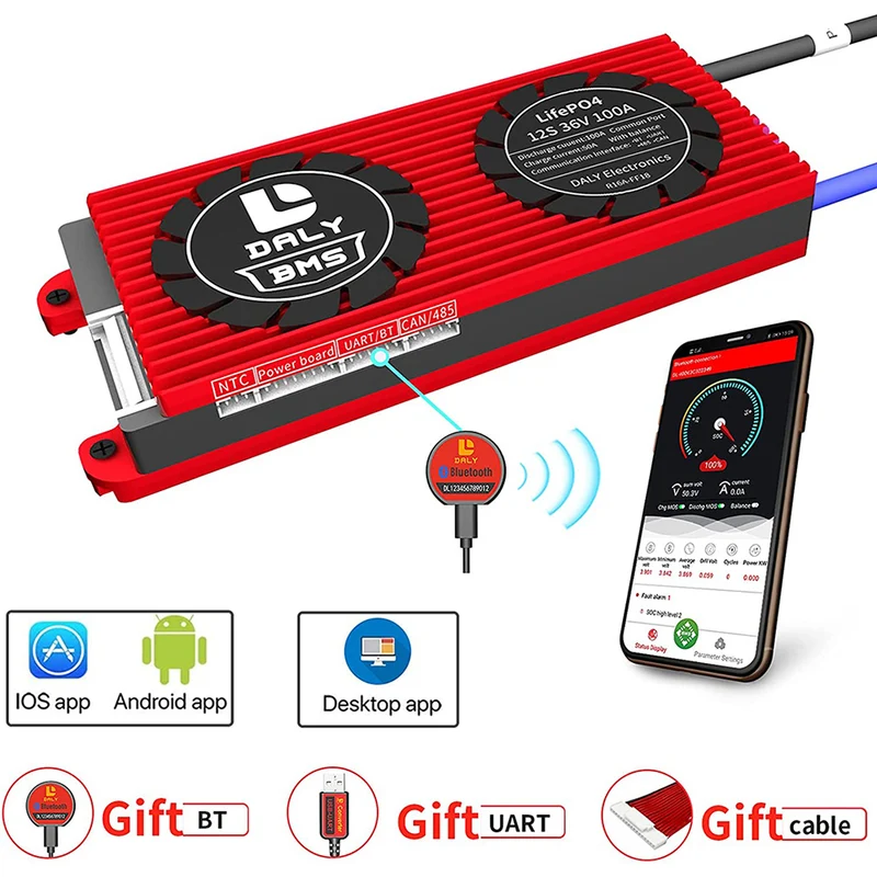 Daly smart bms Lifepo4 12S 36V 100A bluetooth BMS board 24 65 166