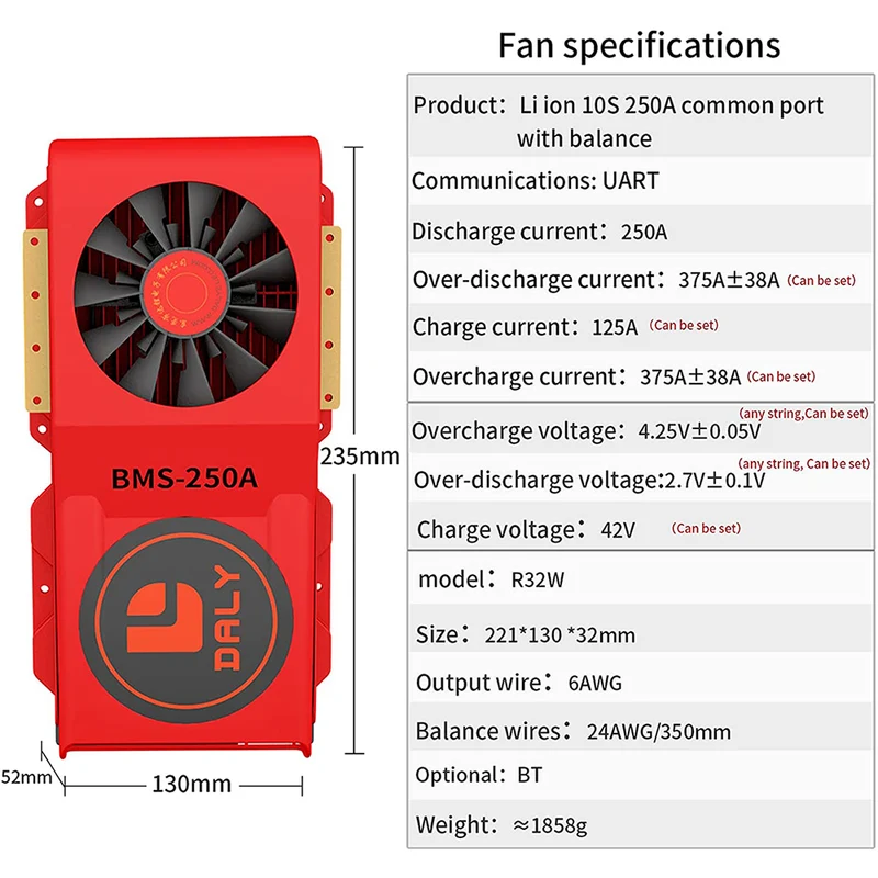 Daly smart bms Li-ion 10S 36V 250A bluetooth BMS FAN board rd 52 130 235