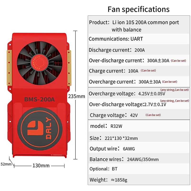 Daly smart bms Li-ion 10S 36V 200A bluetooth BMS FAN board 52 130 235