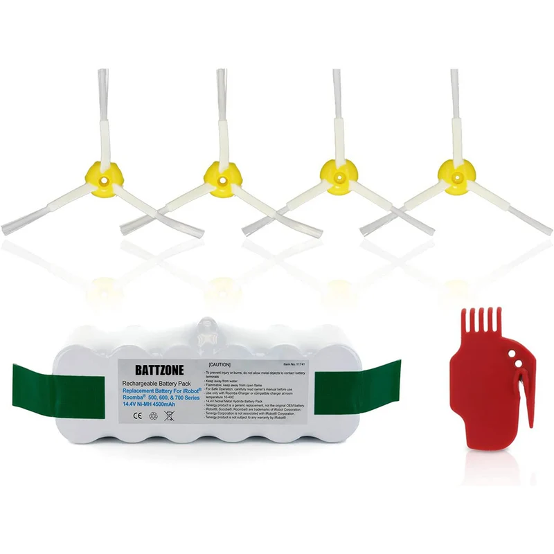 14.4V 3850mAh NiMH Battery for iRobot Roomba 900 800 700 600 500 series, including 4 side brushes and 1 brush cleaning tool