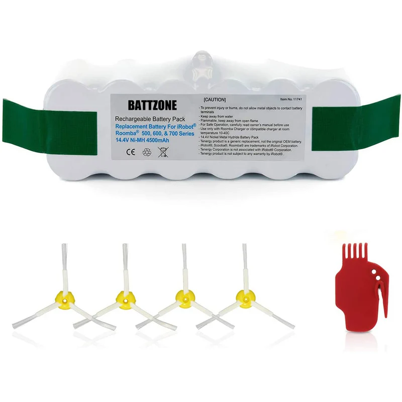 14.4V 3850mAh NiMH Battery for iRobot Roomba 900 800 700 600 500 series, including 4 side brushes and 1 brush cleaning tool