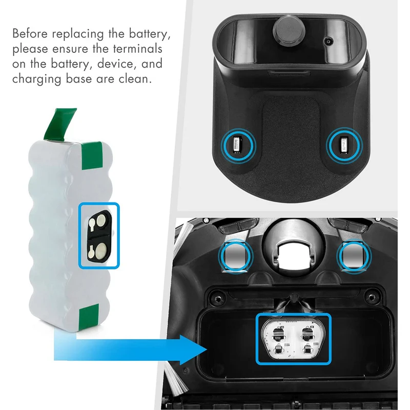14.4V 3850mAh NiMH Battery for iRobot Roomba 900 800 700 600 500 series, including 4 side brushes and 1 brush cleaning tool