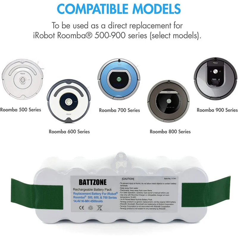 14.4V 3850mAh NiMH Battery for iRobot Roomba 900 800 700 600 500 series, including 4 side brushes and 1 brush cleaning tool