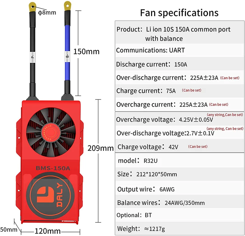 Daly smart bms Li-ion 10S 36V 150A bluetooth BMS FAN board 50 120 209