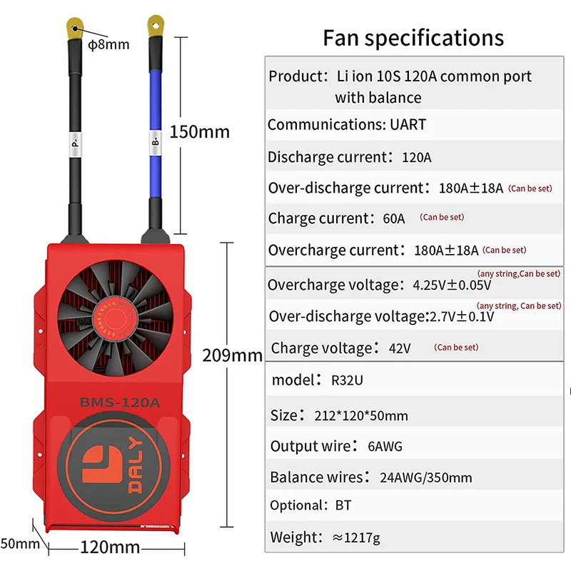 Daly smart bms Li-ion 10S 36V 120A bluetooth BMS FAN board 50 120 209