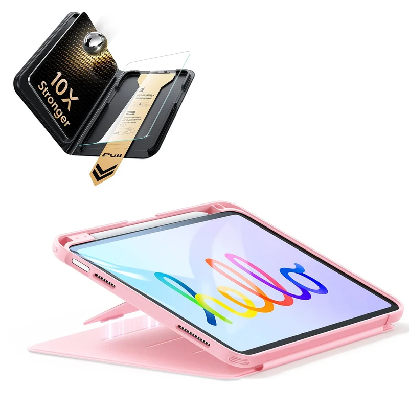 iPad 11" (A16) 2025 Bundle Flip Magnetic Case (Pencil Holder) & Armorite® Pro Screen Protector With UltraFit Tray - Pink