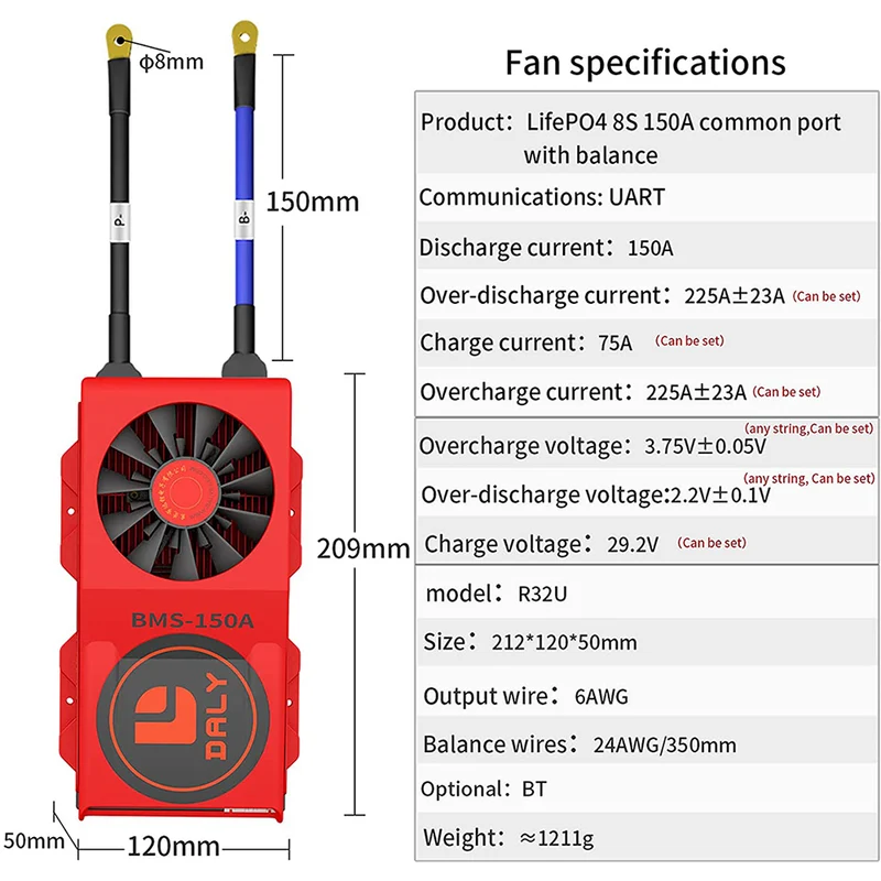 Daly smart bms Lifepo4 8S 24V 150A bluetooth BMS FAN board 50 120 209