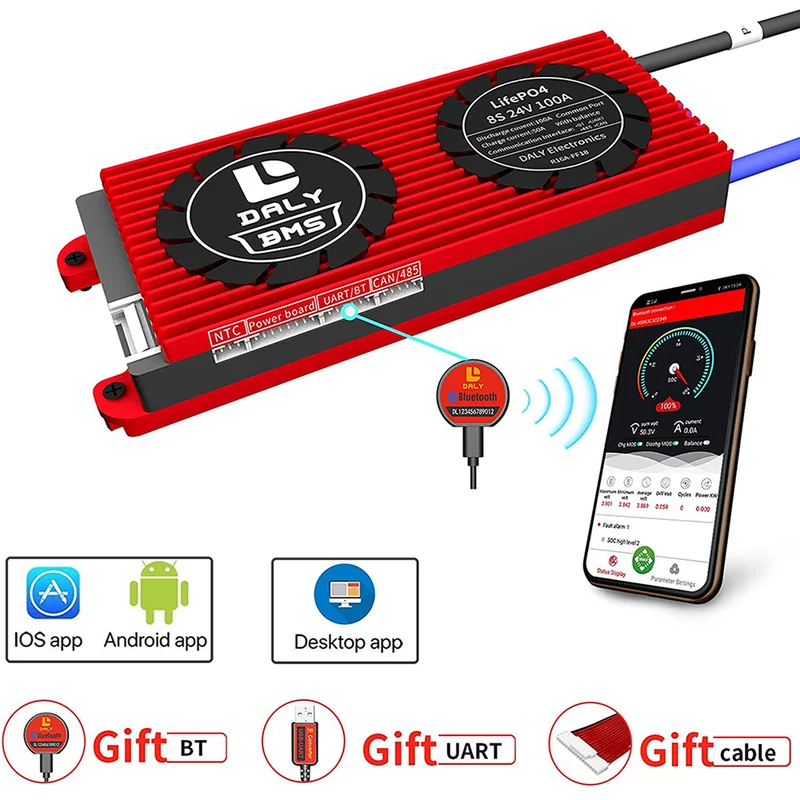 Daly smart bms Lifepo4 8S 24V 100A bluetooth BMS board 24 65 166