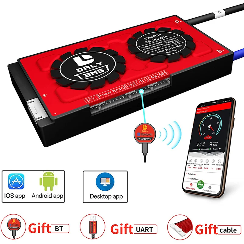 Daly smart bms Lifepo4 8S 24V 40A bluetooth BMS board 18 66 128