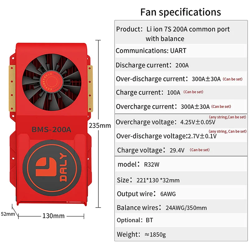 Daly smart bms Li-ion 7S 24V 200A bluetooth BMS FAN board 52130235