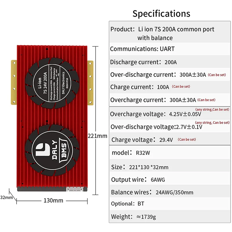 Daly smart bms Li-ion 7S 24V 200A bluetooth BMS board 32130221