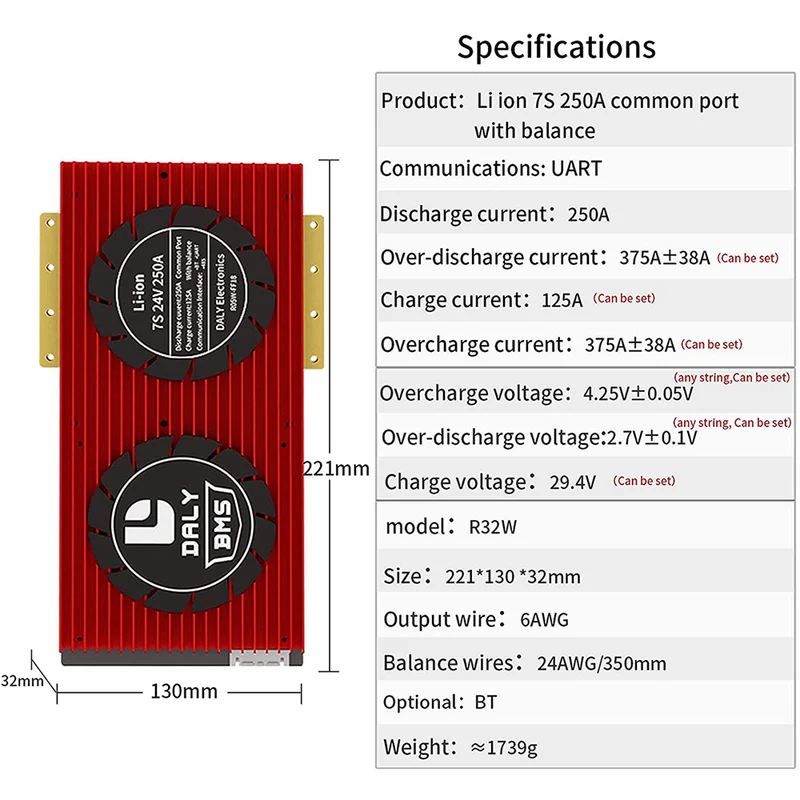 Daly smart bms Li-ion 7S 24V 250A bluetooth BMS board 32130221