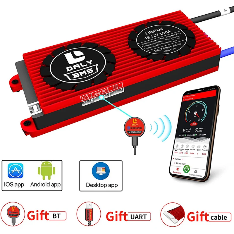 Daly smart bms Lifepo4 4S 12V 100A bluetooth BMS board 24 65 166