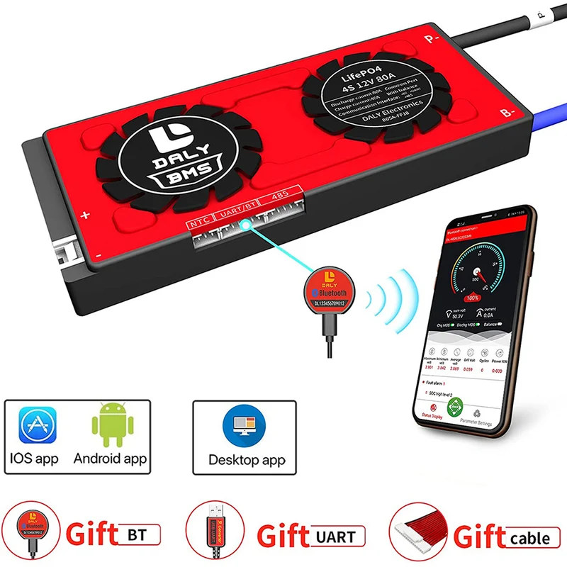 Daly smart bms Lifepo4 4S 12V 80A bluetooth BMS board 19 66 150