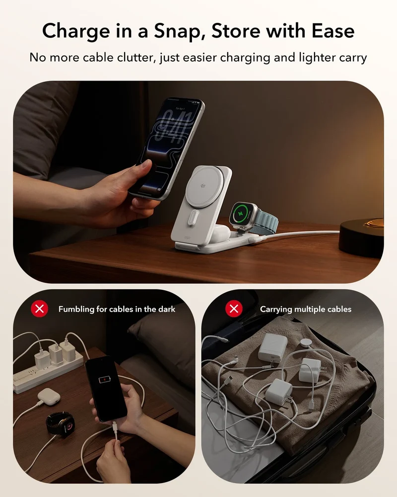 CryoBoost Foldable 3-in-1 Magnetic Charging Station (25W) – JP Plug-White