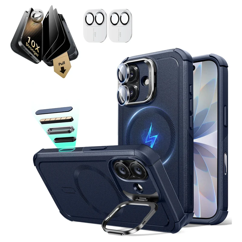 iPhone 17 Bundle Cyber Tough Magnetic Case (Stash Stand) and Armorite Pro Privacy Screen Protector - Navy Blue