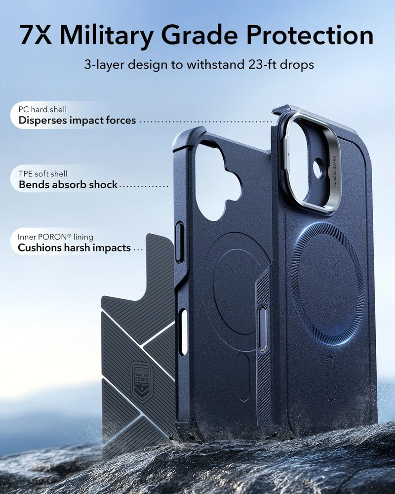 iPhone 17 Bundle Cyber Tough Magnetic Case (Camera Control, Stash Stand) and Armorite Privacy Screen Protector - Navy Blue