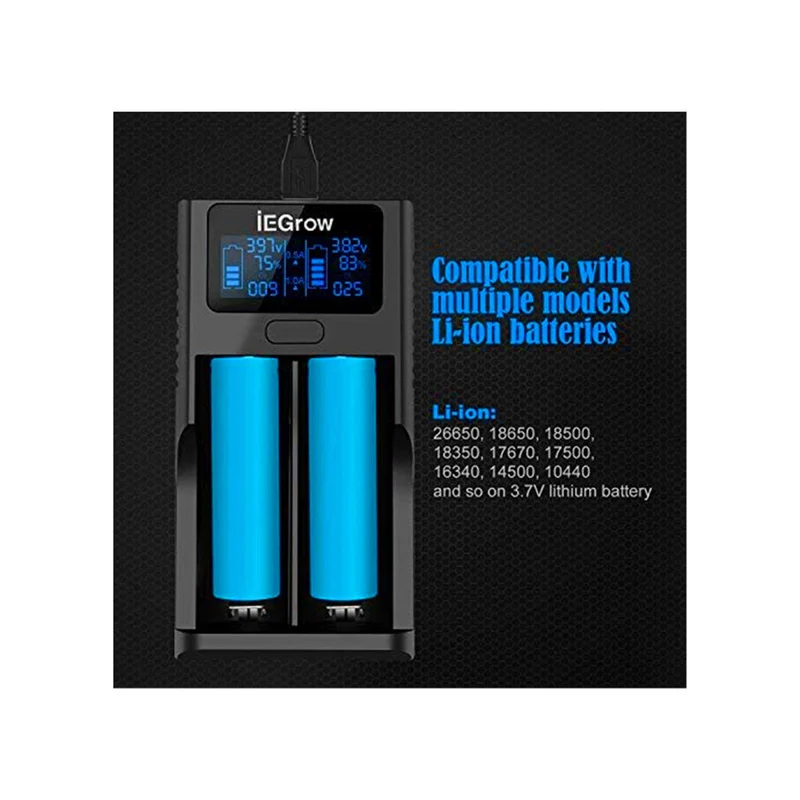 18650 battery charger, LCD battery charger with USB connection, 3.7 V Li-Ion battery, 2 slots