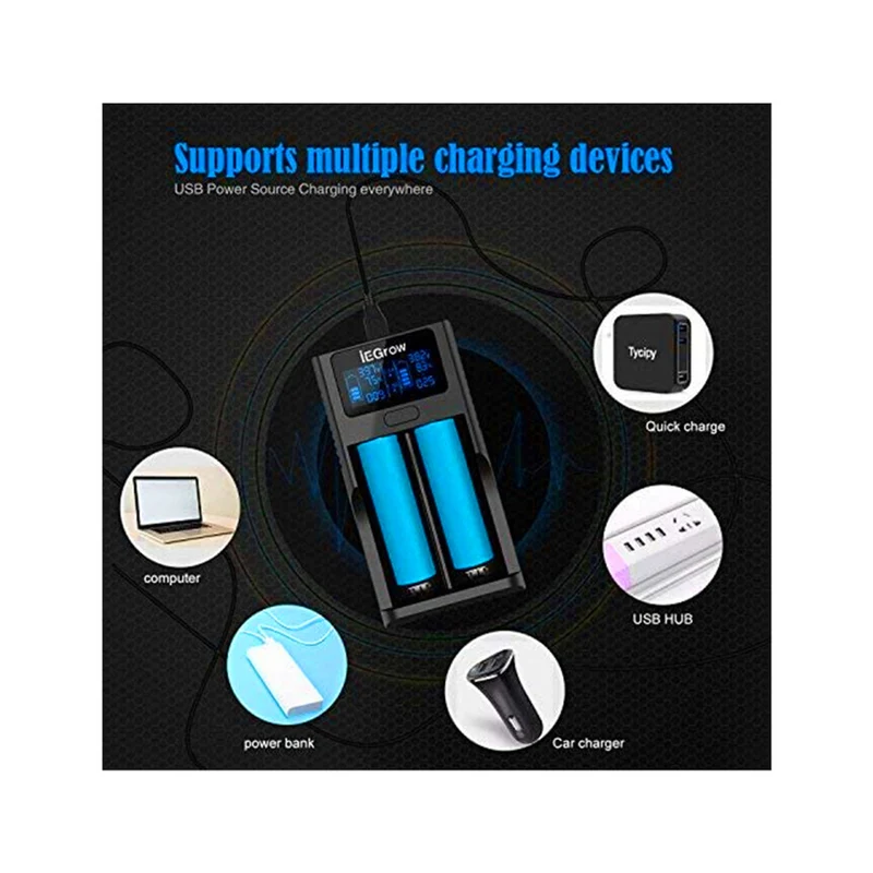 18650 battery charger, LCD battery charger with USB connection, 3.7 V Li-Ion battery, 2 slots