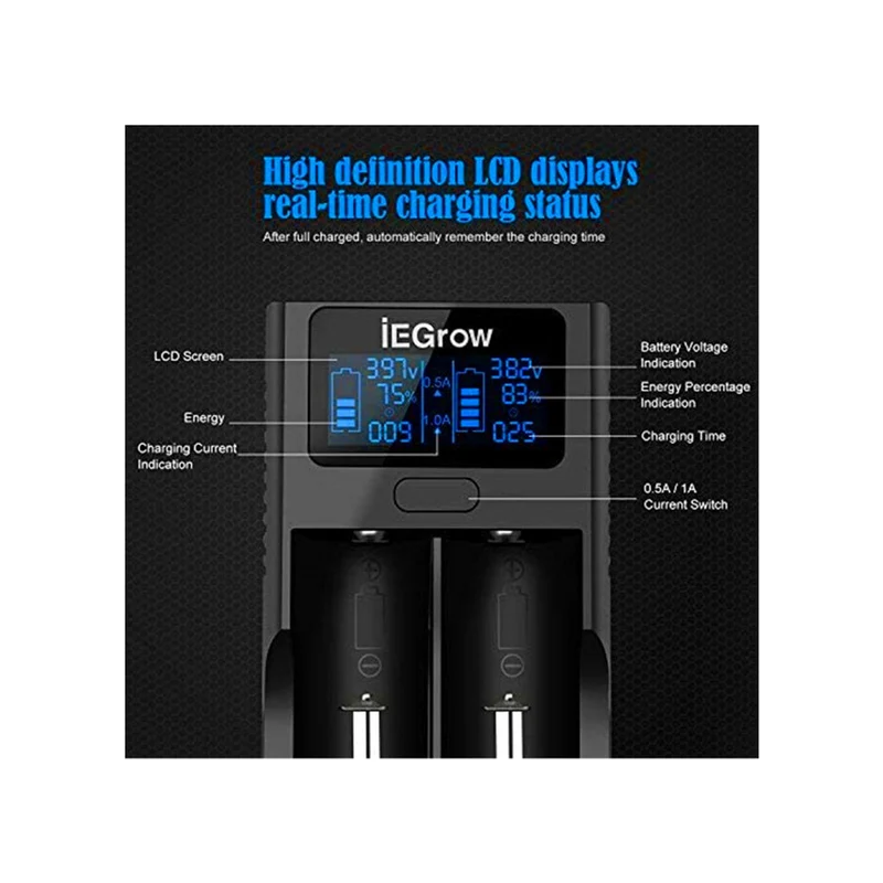 18650 battery charger, LCD battery charger with USB connection, 3.7 V Li-Ion battery, 2 slots