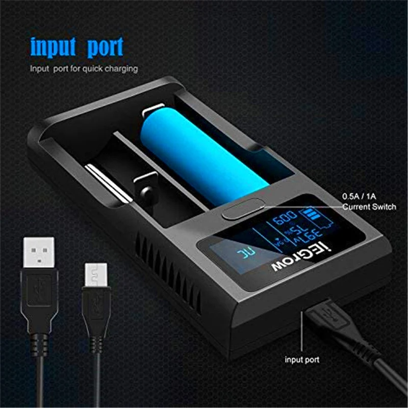 18650 battery charger, LCD battery charger with USB connection, 3.7 V Li-Ion battery, 2 slots