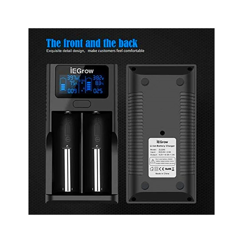 18650 battery charger, LCD battery charger with USB connection, 3.7 V Li-Ion battery, 2 slots