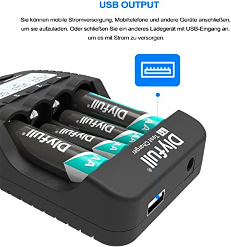 Battery charger AA AAA battery charger with LCD display USB charging port and charging, discharging, testing, maintenance mode