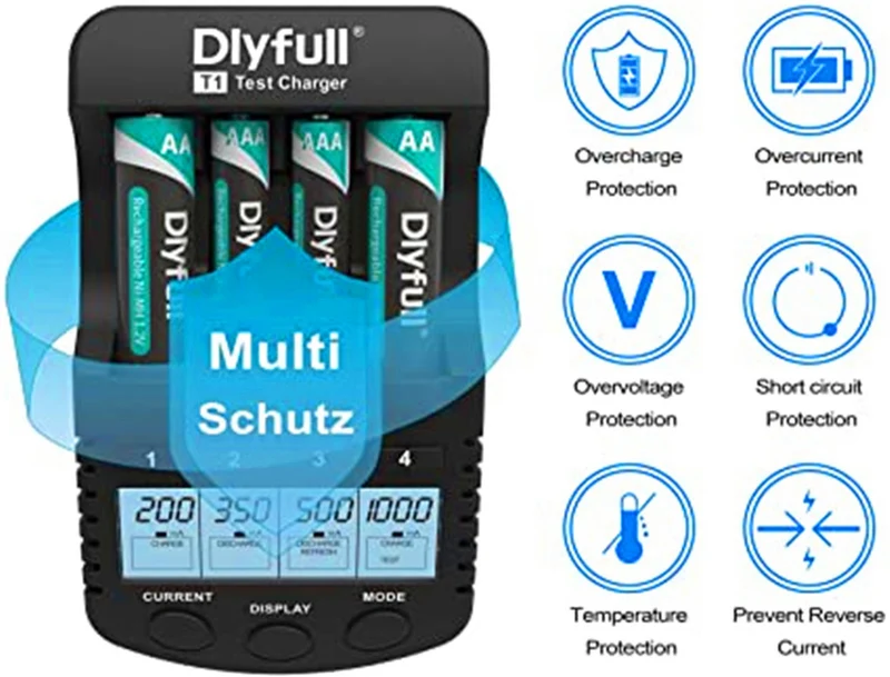 Battery charger AA AAA battery charger with LCD display USB charging port and charging, discharging, testing, maintenance mode