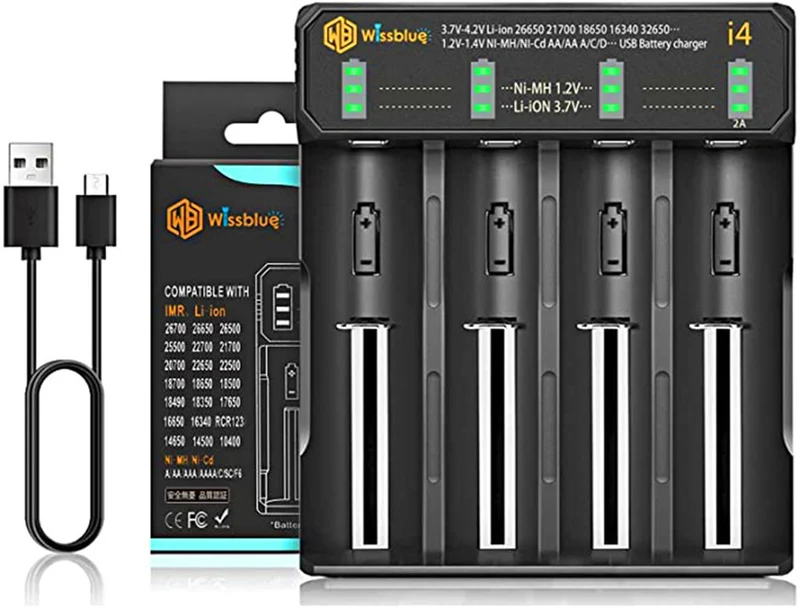 18650 battery charger 4 port, 3.7 V / 1.5 V 2 A quick charger RCR123A, NI MH NI Cd A AA AAA