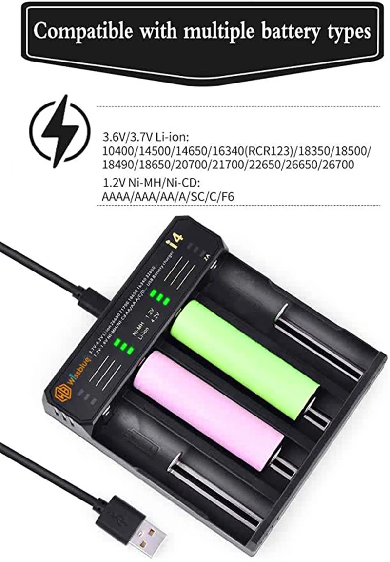 18650 battery charger 4 port, 3.7 V / 1.5 V 2 A quick charger RCR123A, NI MH NI Cd A AA AAA